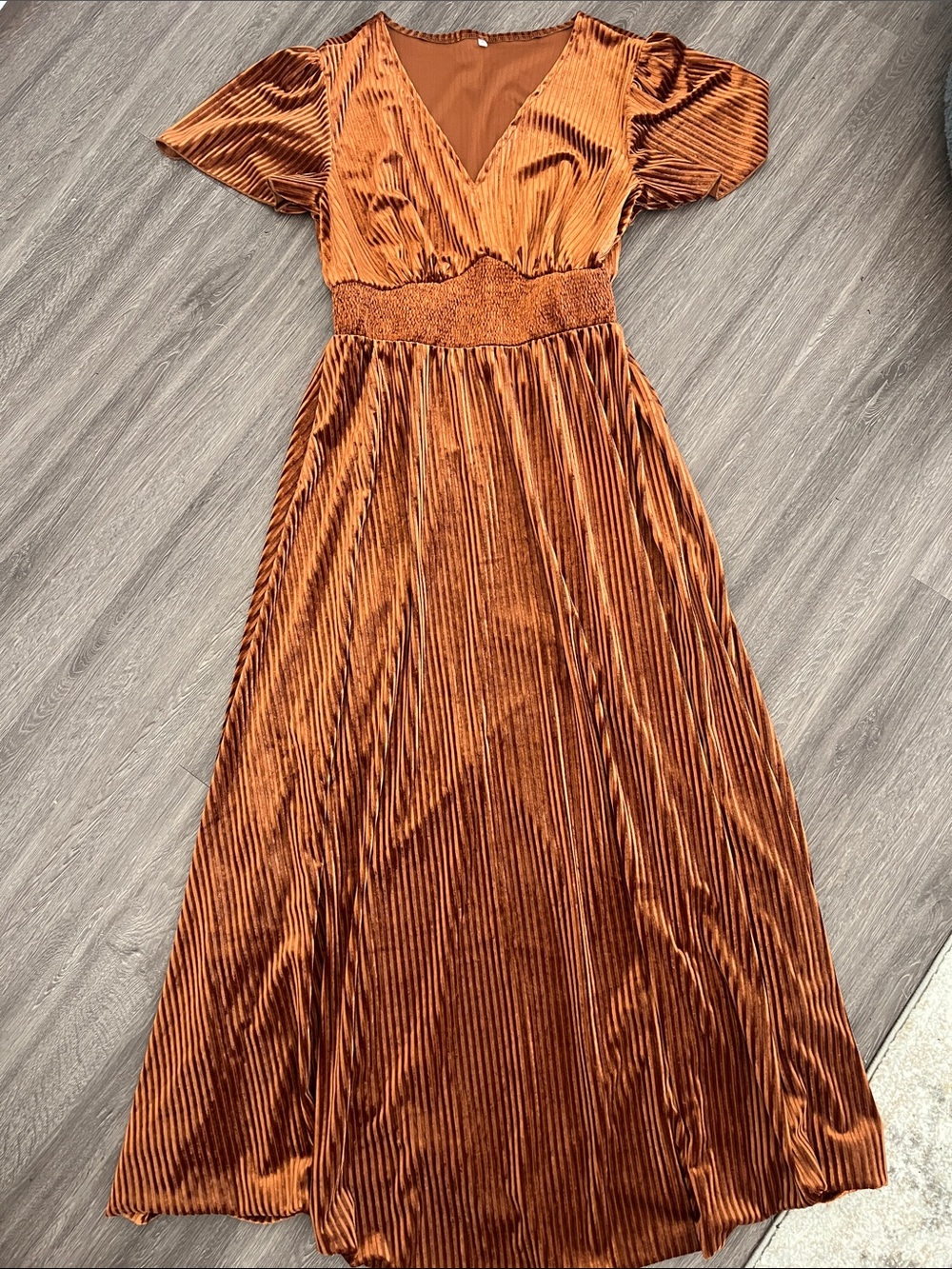 Pleated Velvet Maxi Dress in Copper Tan with Smocked Waist